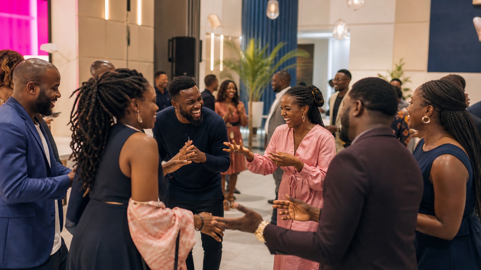 Fictional adults enjoying a playful connection activity at a concept gathering