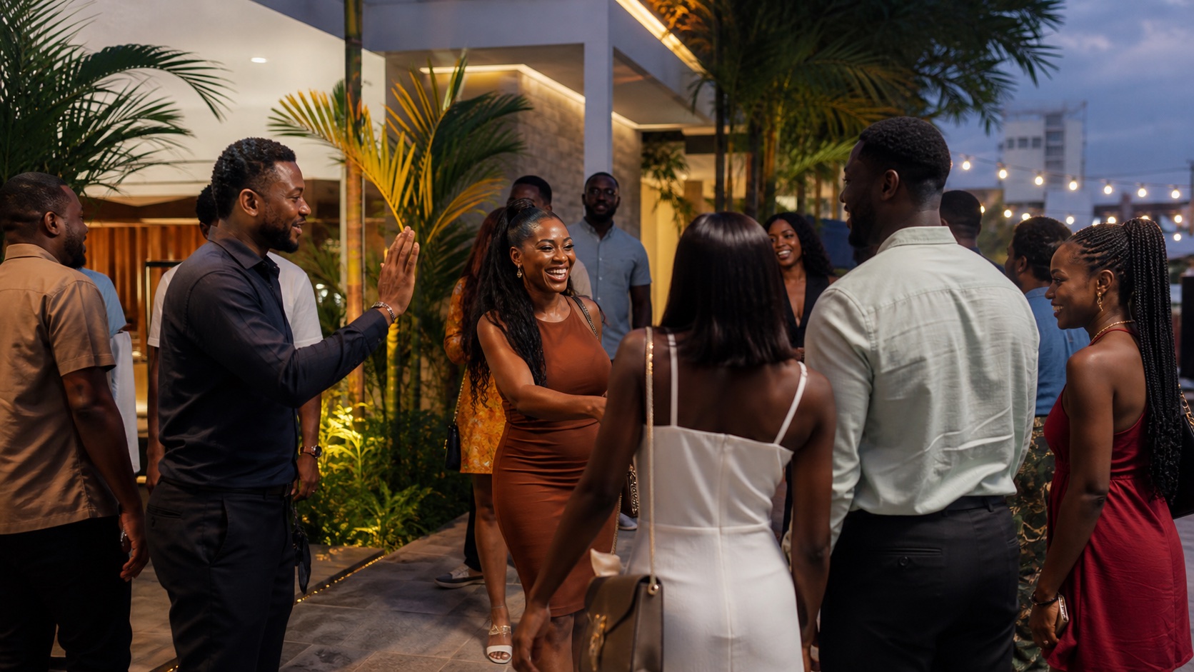 Fictional guests arriving at a welcoming concept gathering