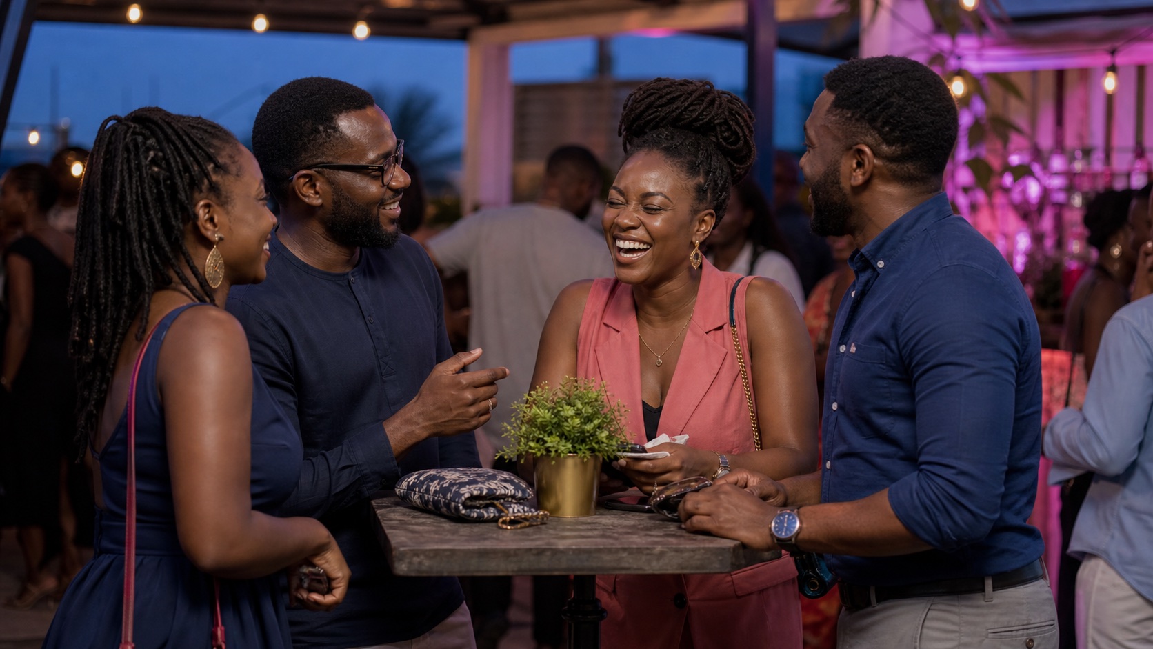 Fictional adults sharing a natural conversation at a concept gathering